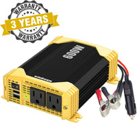 Krieger 600 Watt 12V DC to 110V AC Car Power Inverter, Modified Sine Wave, 2 Outlets, 2 USB Ports, Cigarette Lighter Plug & Clamps - ETL Approved Under UL STD 458